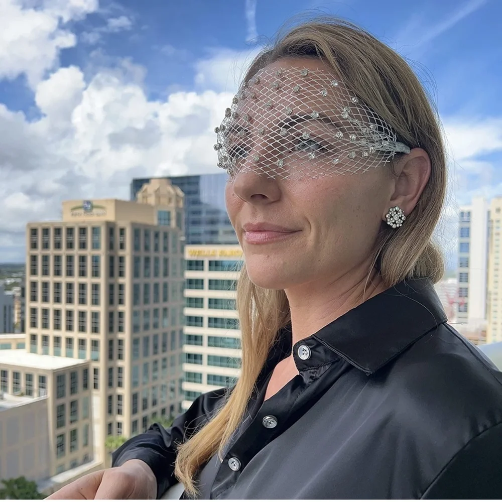 🆕 Crown Headpiece Eye Veil Rhinestone Face Fascinator
